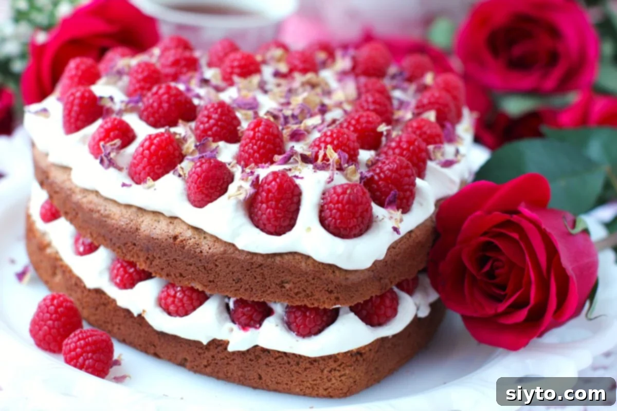 A close-up view of a slice of Raspberry Rose Heart Cake, clearly showing the delicate layers of pink sponge cake, fluffy white whipped cream, and vibrant red raspberries, with a sprinkle of rose petals.