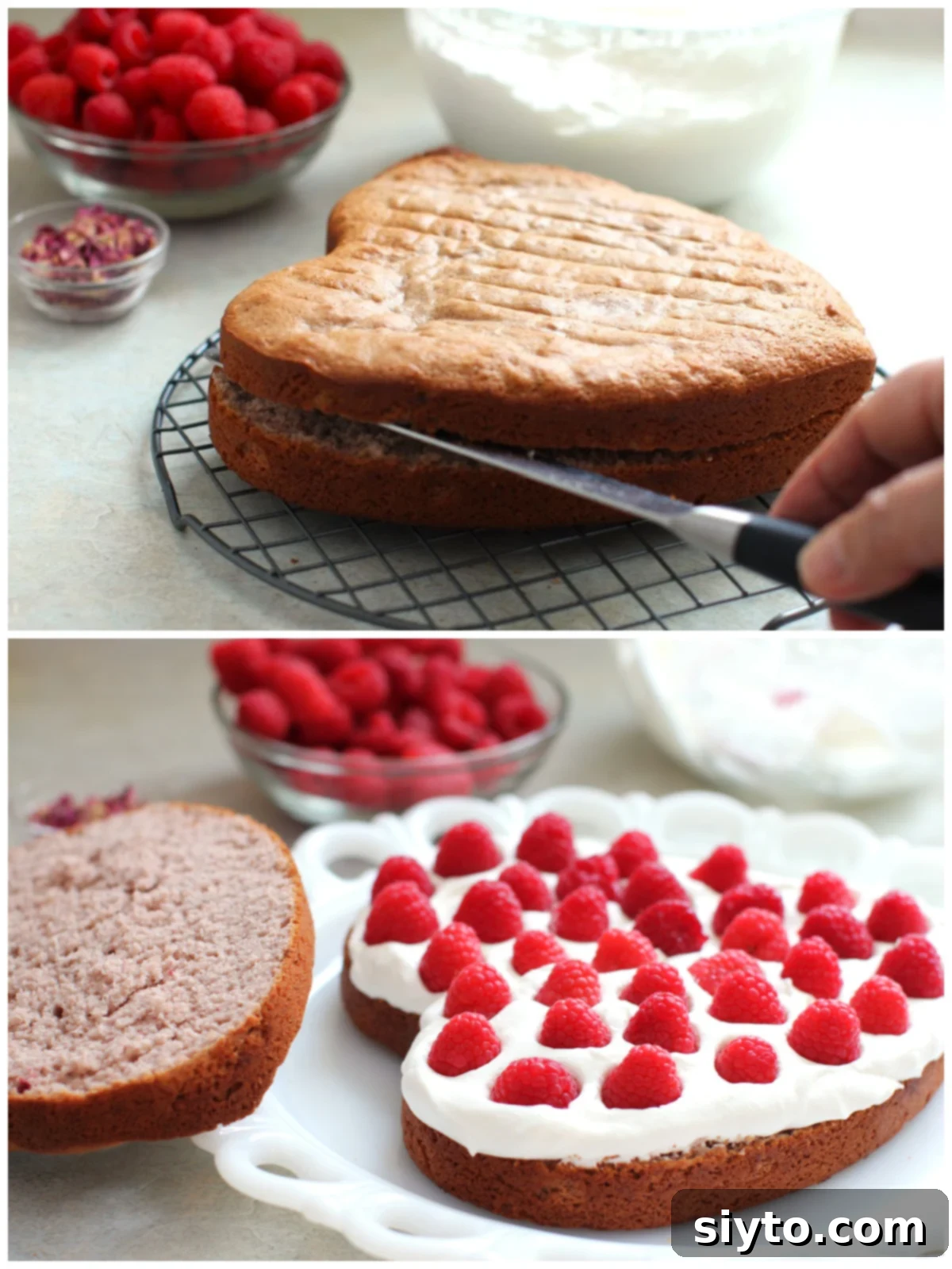 A two-photo collage showing the process of assembling the Raspberry Rose Heart Cake. The top image shows the sponge cake being sliced horizontally, while the bottom image displays the bottom layer being spread with whipped cream and topped with fresh raspberries.