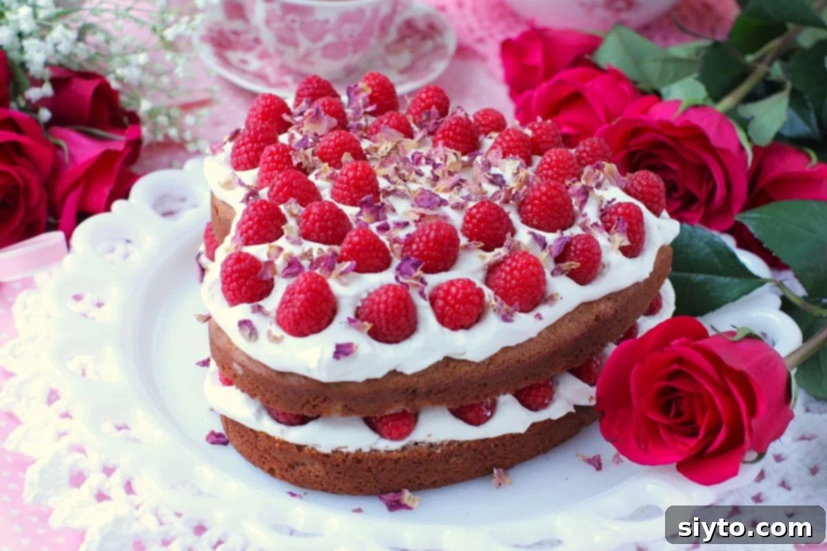 A beautifully decorated Raspberry Rose Heart Cake on a pristine white milkglass platter, accompanied by a single vibrant red rose, creating a romantic and elegant display.