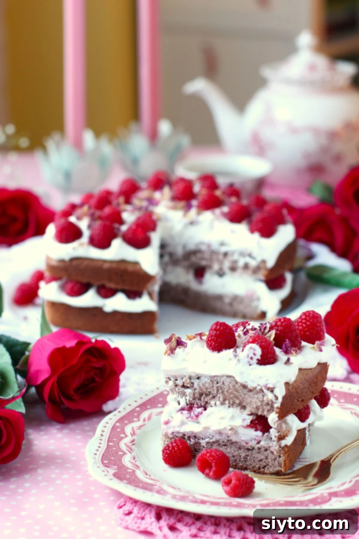 A delectable slice of Raspberry Rose Heart Cake on a charming pink and white plate, with the beautifully decorated whole cake and fresh red roses blurred in the background, setting a celebratory mood.