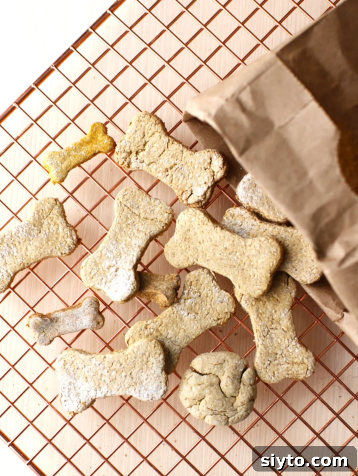 Top down view of bone-shaped dog treats tumbling out of a small paper bag onto a copper cooling rack, showcasing their golden-brown, crispy texture.