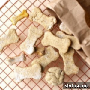 Square photo of golden-brown homemade dog treats neatly arranged on a copper cooling rack, ready for consumption.