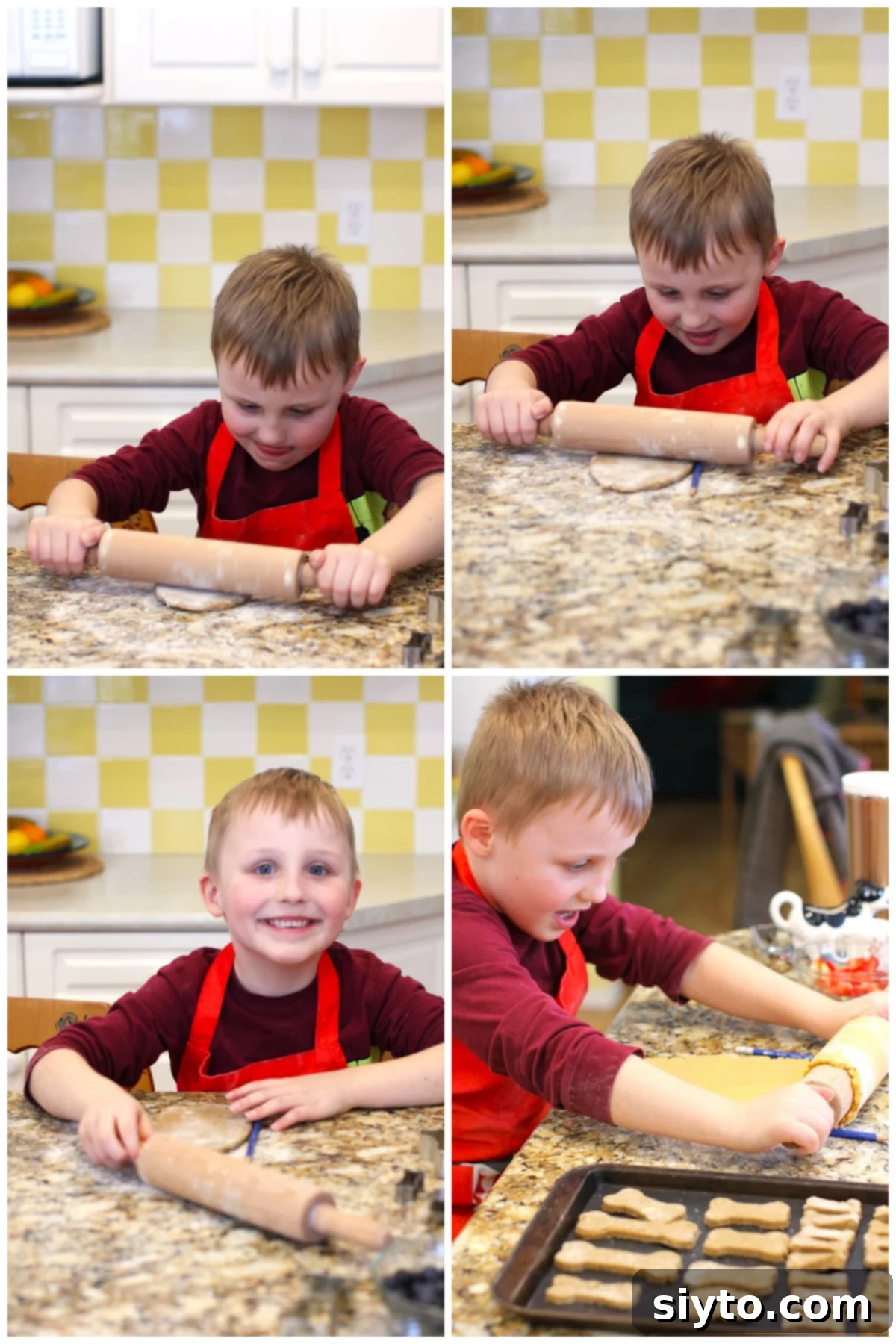 A four-photo collage illustrating Caleb's step-by-step process of rolling out the dog treat dough with a rolling pin on a floured surface.