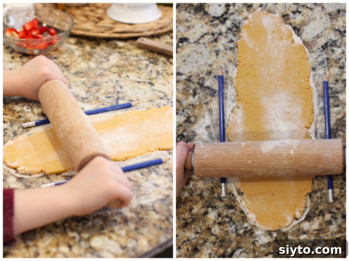 A two-photo collage demonstrating a clever trick: using two pencils placed on either side of the dough as guides for even thickness while rolling.