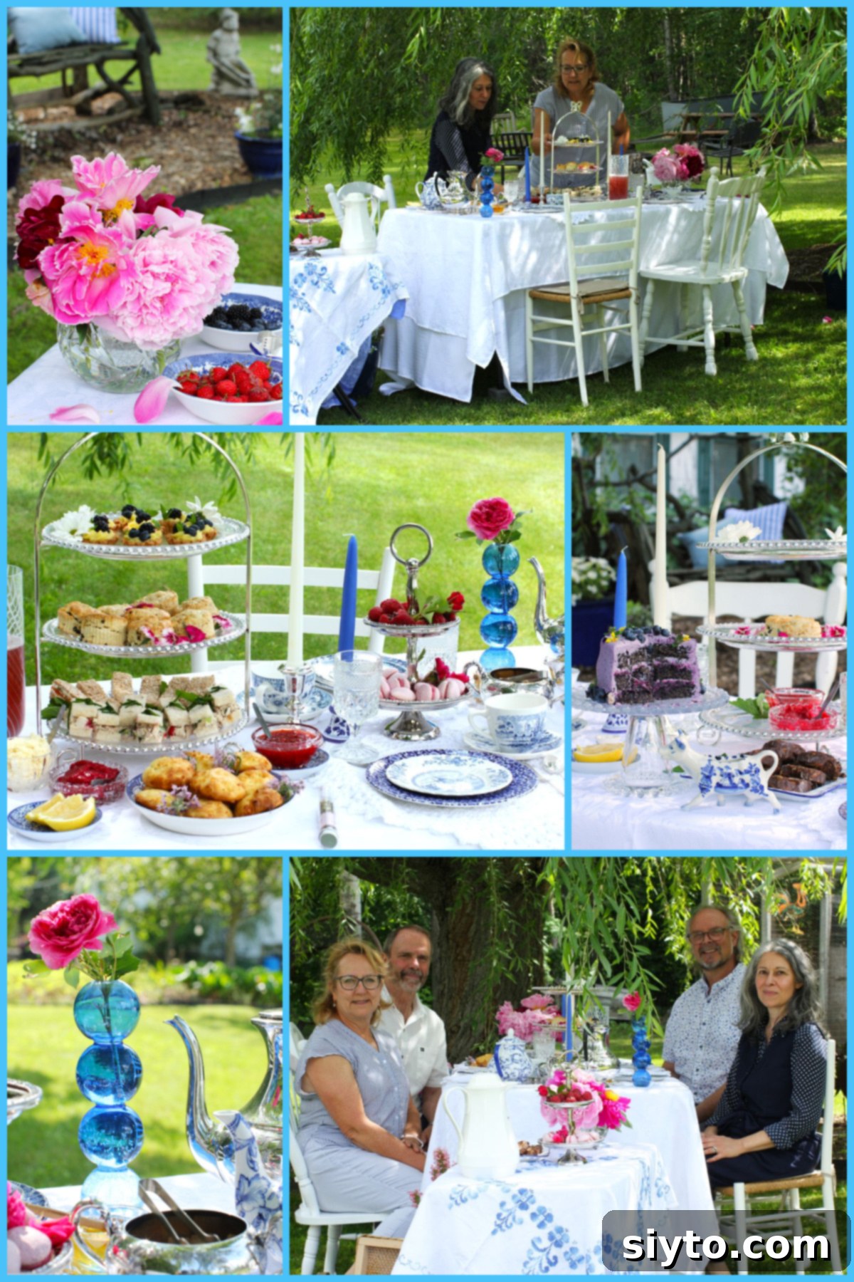 Collage of photos of blue & white afternoon tea picnic outside.
