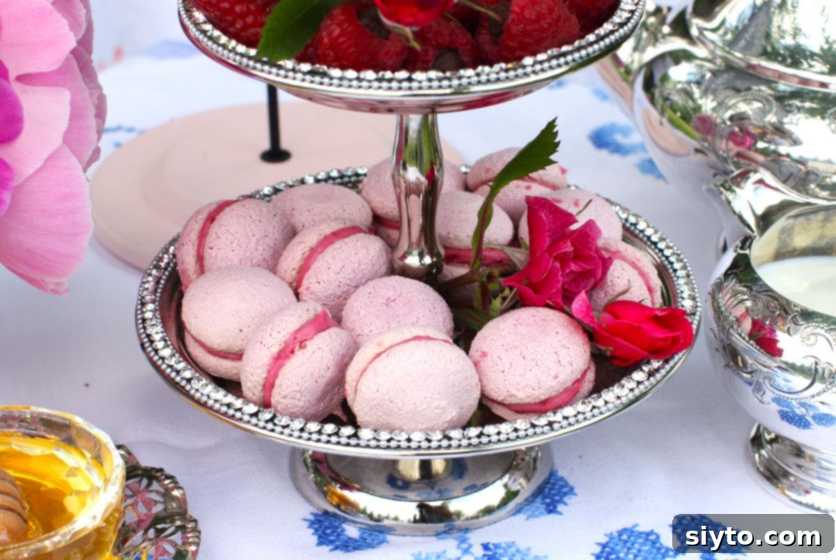 A 2-tiered silver cake stand filled with pink Raspberry Meringue Kisses on the bottom and chocolate ganache-filled raspberries on top.