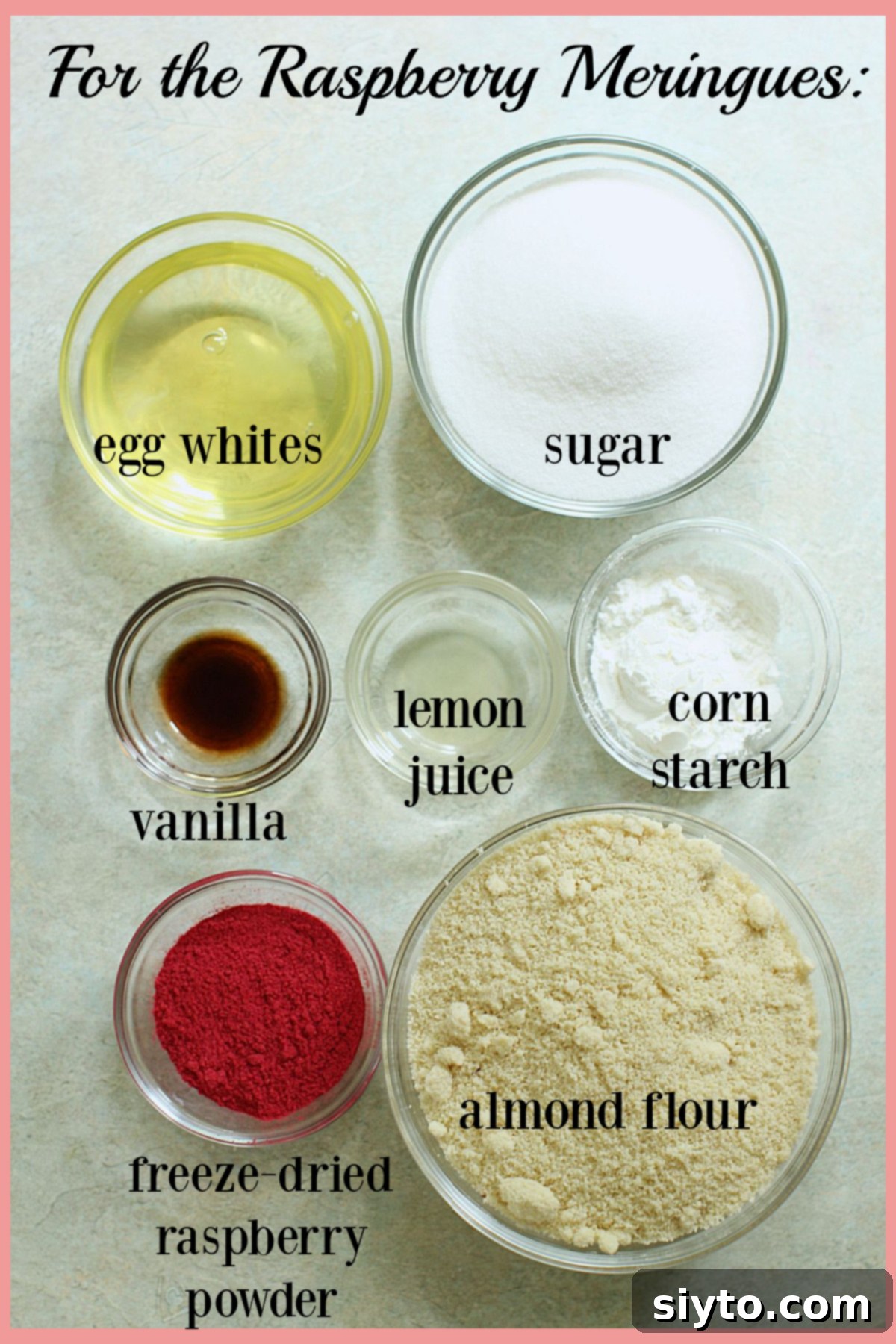 Labled ingredients for the raspberry meringue kisses.