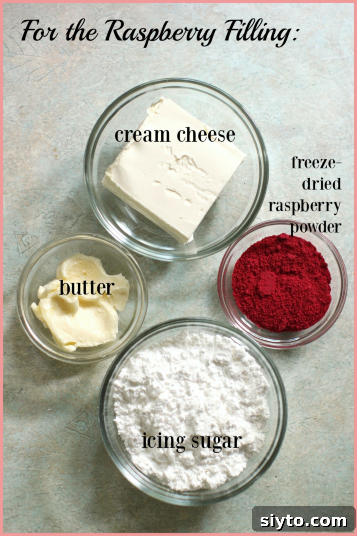 Ingredients, with labels, for the raspberry filling for the meringues.