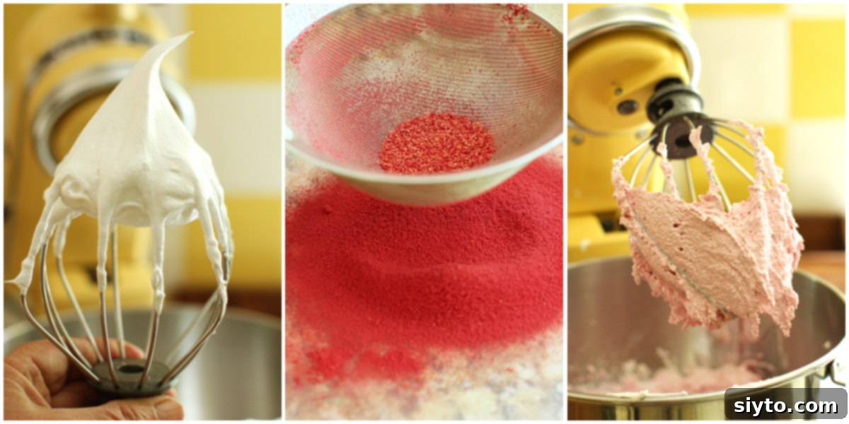 3-photo collage of whipping the raspberry meringue kisses.