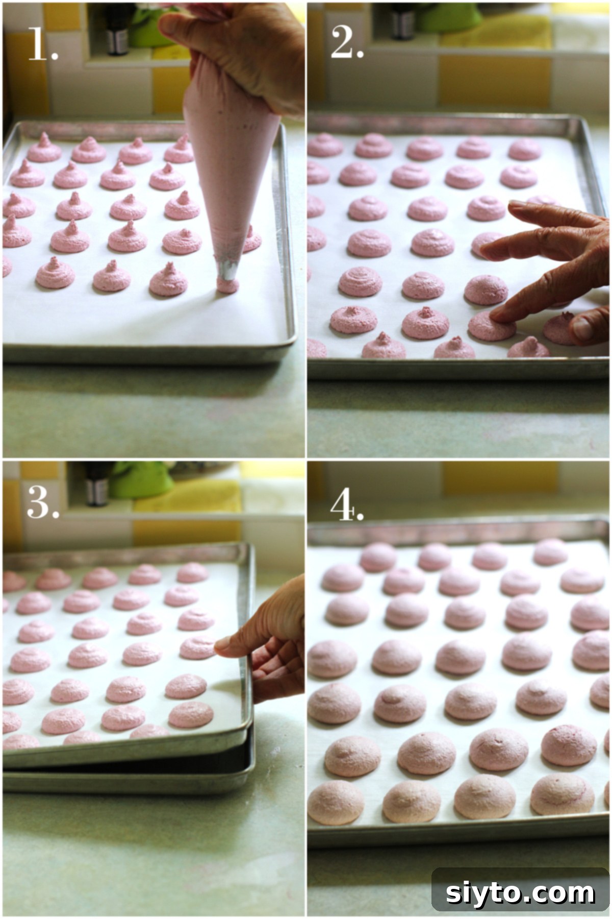 4-photo collage of piping the raspberry meringue kisses onto the cookie sheet, pressing down the peaks, doubling the baking pans, and the baked meringues out of the oven.