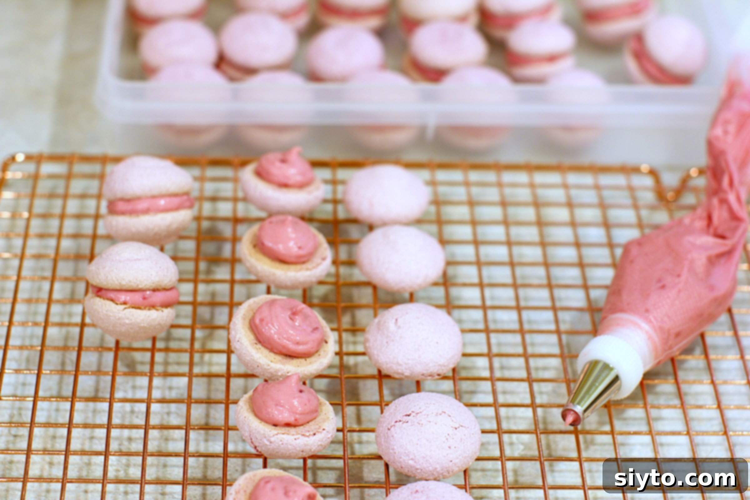 Cooling rack with raspberry meringue shells, some with filling piped on, and piping bag beside.