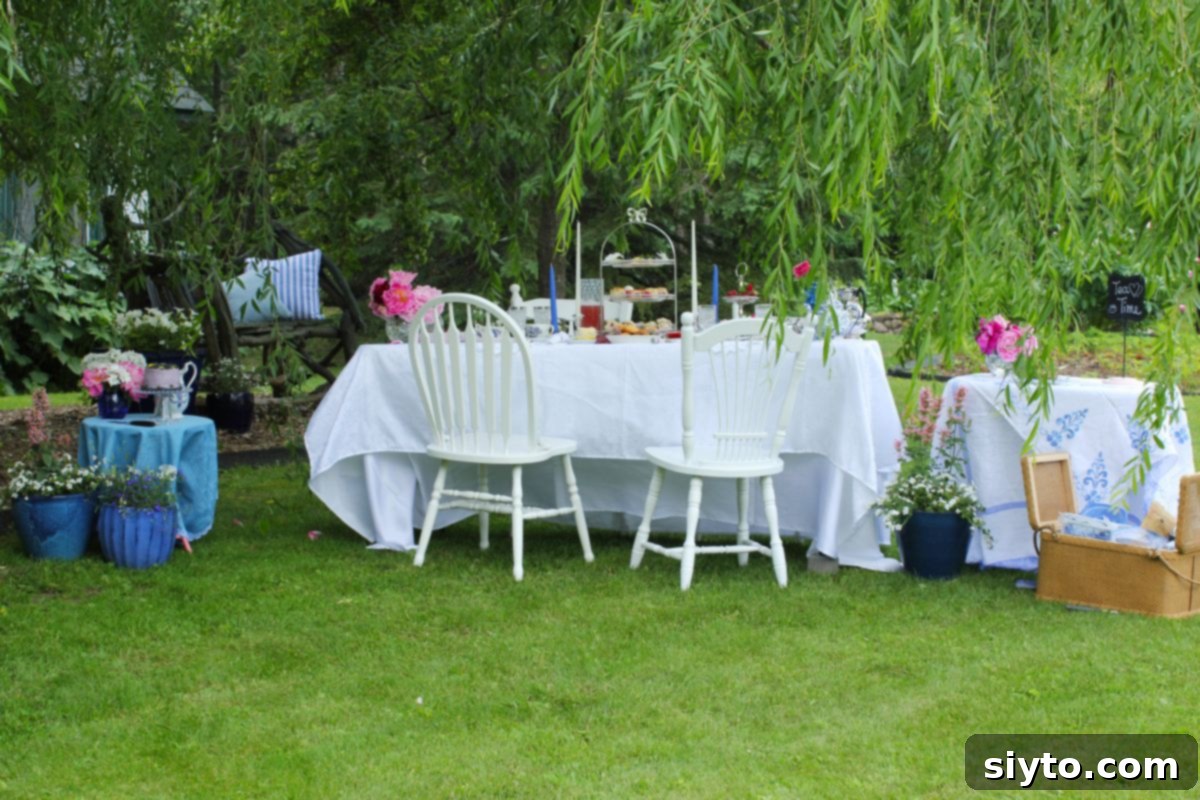 Table set for Blue & White Afternoon Tea outside under the weeping willow tree.