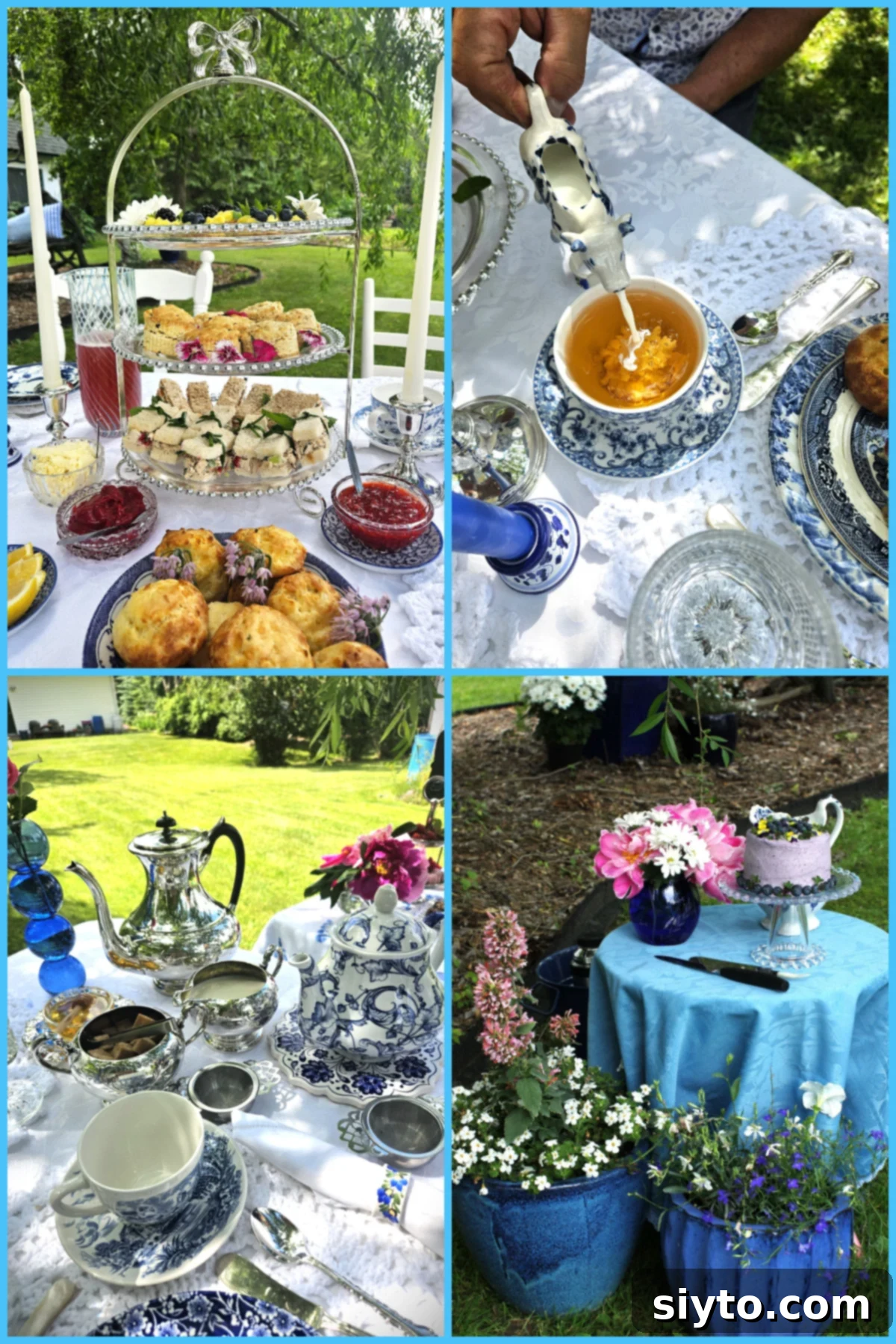4 photo collage of scenes from our blue and white afternoon tea picnic.