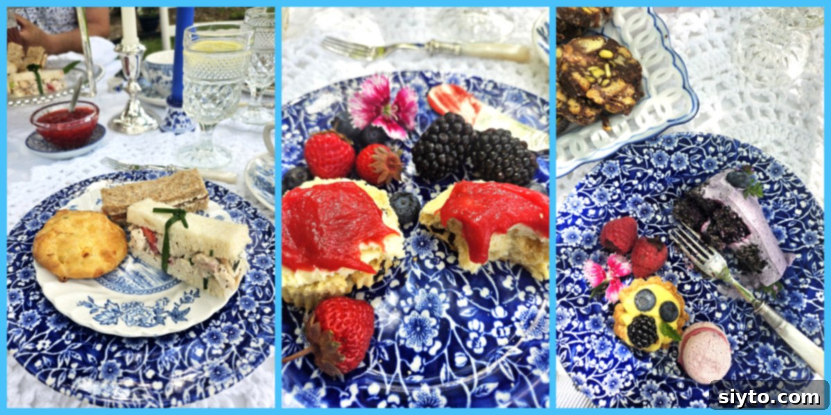3 photo collage of the different courses for the blue and white afternoon tea on blue china plates.