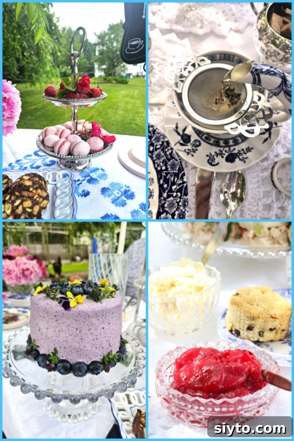 4 photo collage of afternoon tea picnic foods.