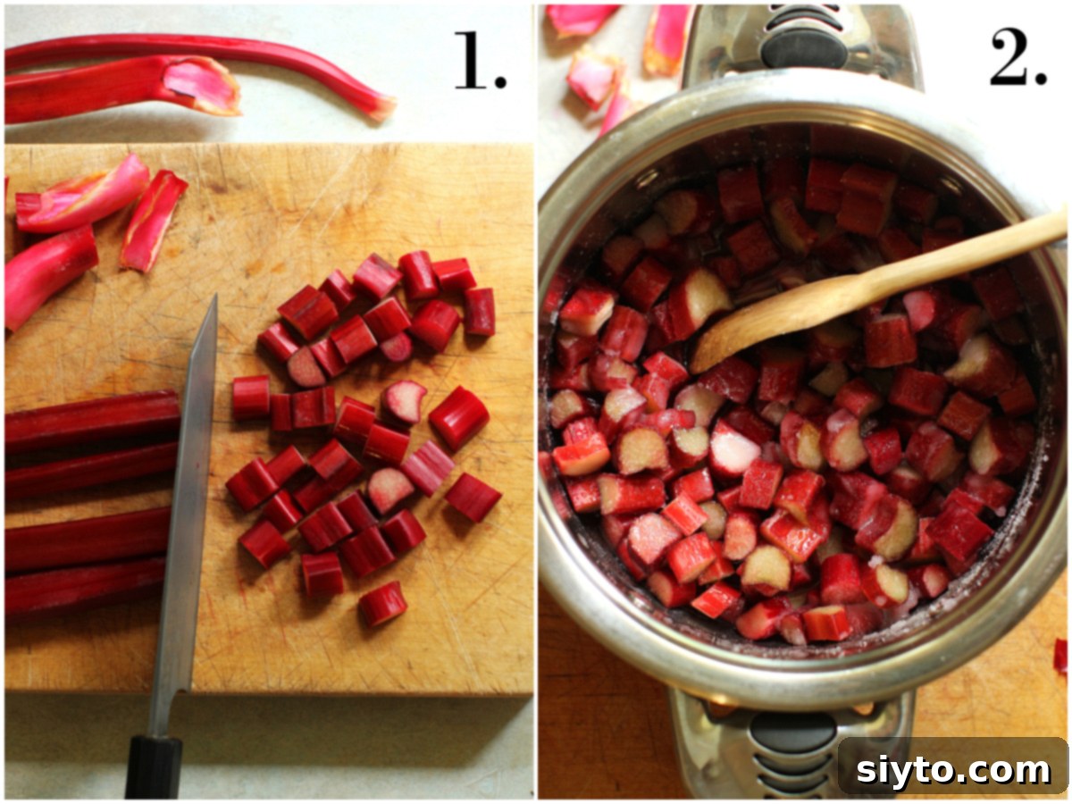 A two-photo collage illustrating the initial steps of preparing rhubarb butter. The left image shows rhubarb stalks being cut into smaller pieces on a cutting board. The right image displays the cut rhubarb pieces in a saucepan, mixed with sugar and lemon juice, ready for cooking.