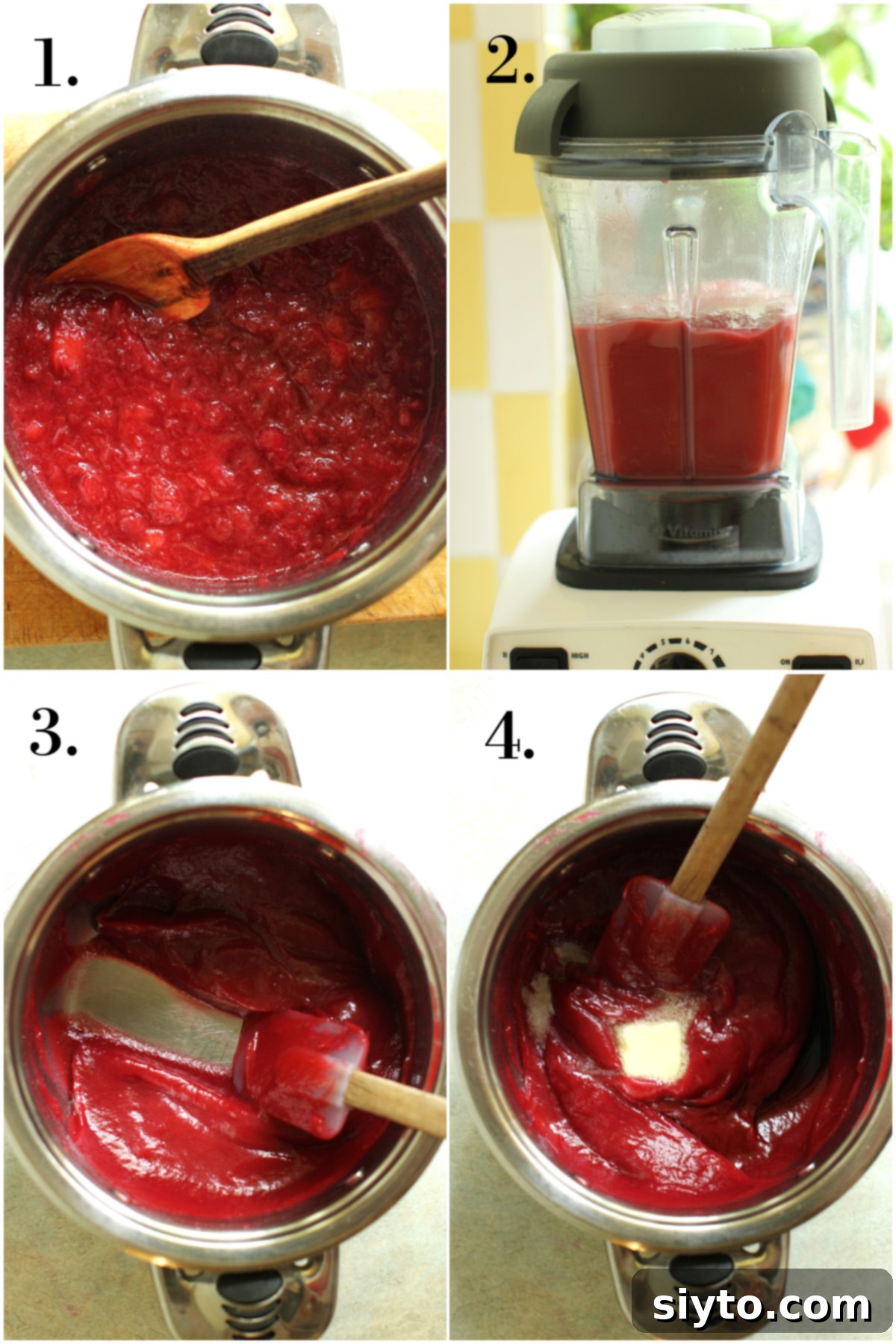 A four-photo collage illustrating the key stages of making rhubarb butter. Photo 1: Rhubarb simmering in a pot until tender. Photo 2: Blending the cooked rhubarb to a silky smooth puree. Photo 3: The thickened rhubarb butter, with a spatula creating a clean channel to show its readiness. Photo 4: Adding butter and vanilla for the finishing touch.