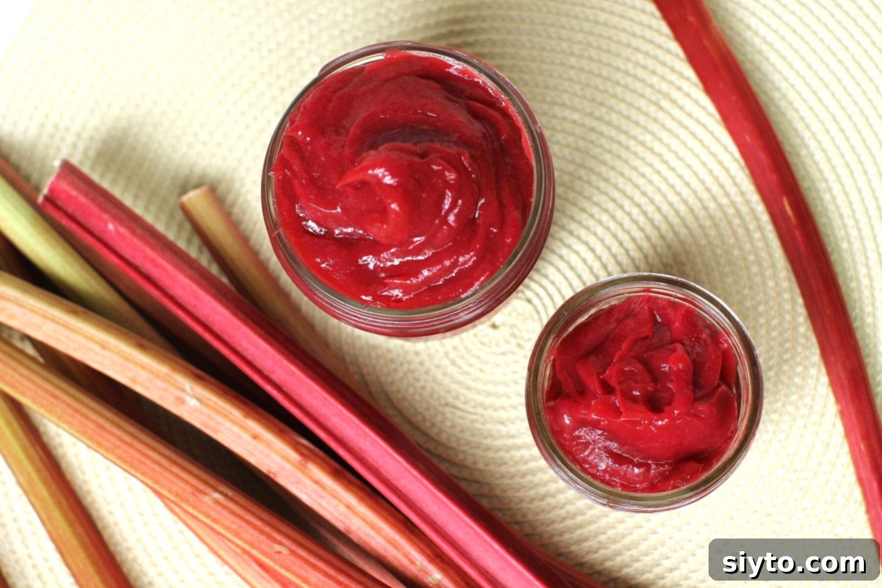 A top-down view of two glass jars piled high with vibrant rhubarb butter, its rich, ruby color standing out. Fresh rhubarb stalks are arranged artfully beside the jars, emphasizing the natural ingredients.