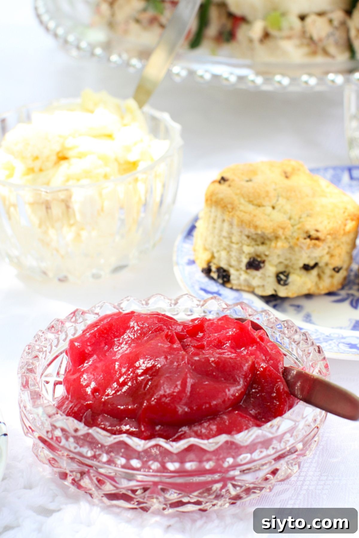 A cut glass bowl generously filled with deep ruby rhubarb butter, exuding richness. Behind it, a complementary bowl of creamy clotted cream, and to the side, a blue and white patterned plate holds a freshly baked fruit scone.