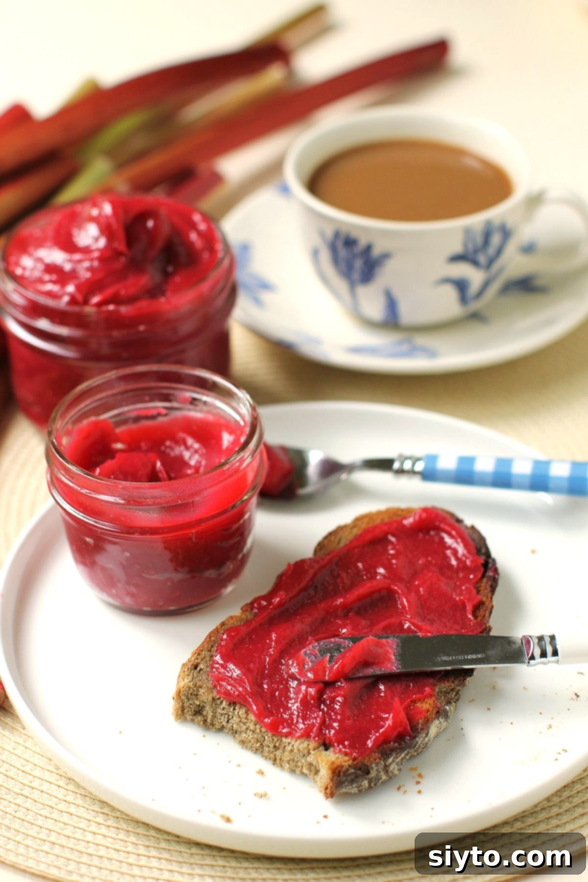 A slice of toast generously slathered with homemade rhubarb butter, placed beside a steaming cup of coffee. Fresh rhubarb stalks are artfully arranged in the background, adding to the rustic charm of the breakfast scene.