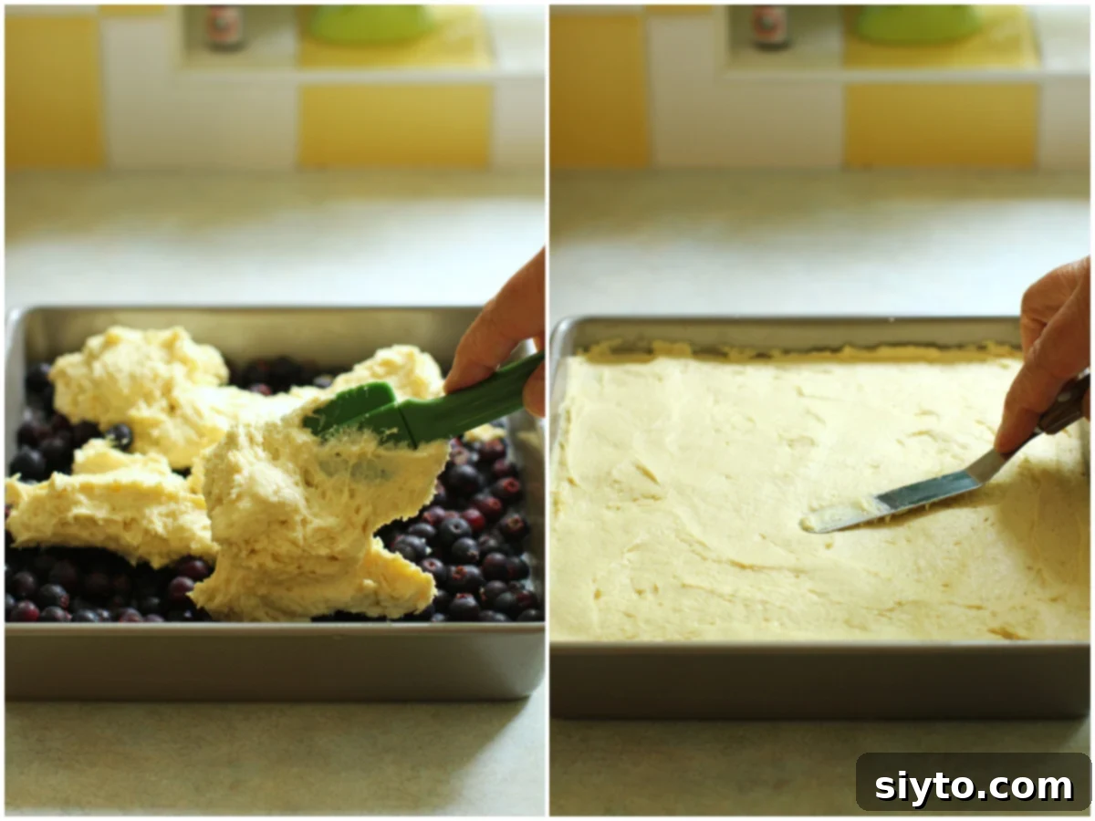 2 photo collage of addig the batter on top of the berries and then smoothing it out.