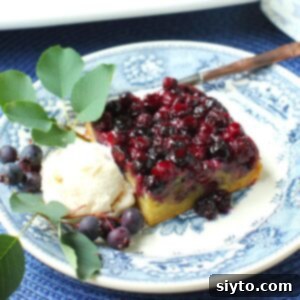 Square thumbnail photo of square of saskatoon upside-down cake on blue and white plate with scoop of ice cream beside.