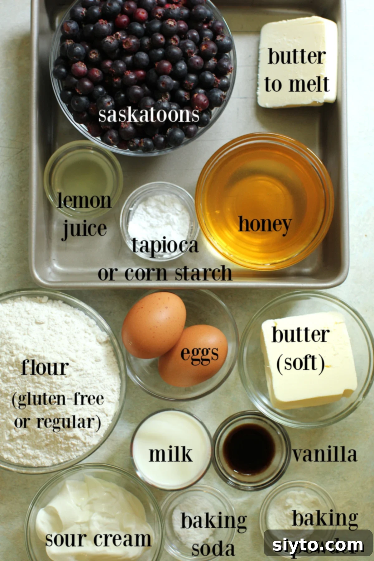Labeled ingredients to make Saskatoon Upside-Down Cake.