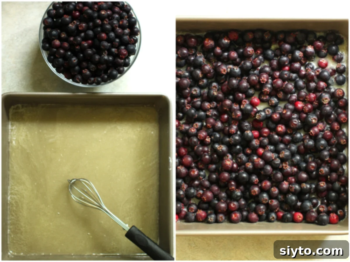 2 photo collage of melted butter and honey in square baking pan, and then the fresh saskatoons on top.