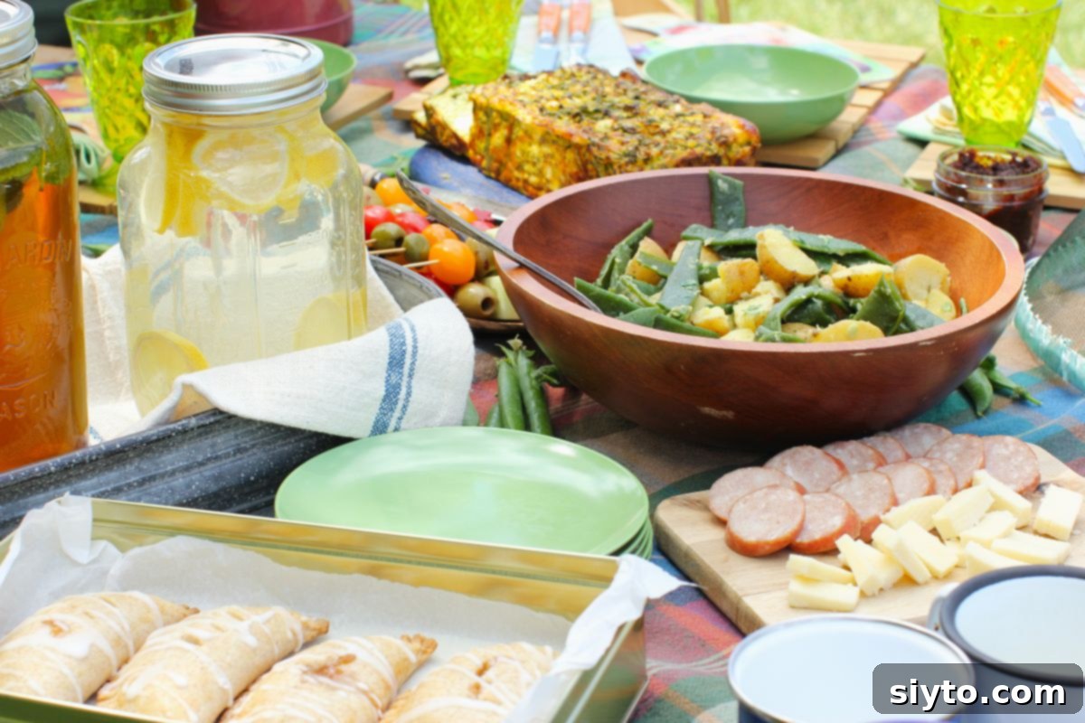 A rustic wooden bowl brimming with a fresh romano bean and potato salad, with the baked zucchini frittata loaf visible in the background and a plate of golden peach hand pies in the foreground, creating a perfect picnic spread.