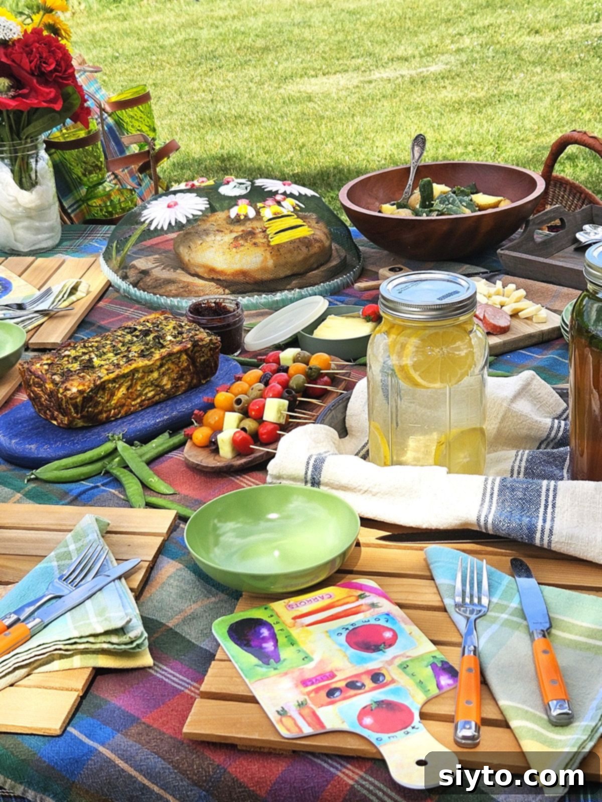 A bountiful picnic table, meticulously laid out with a variety of colorful dishes and drinks, ready for friends to enjoy.