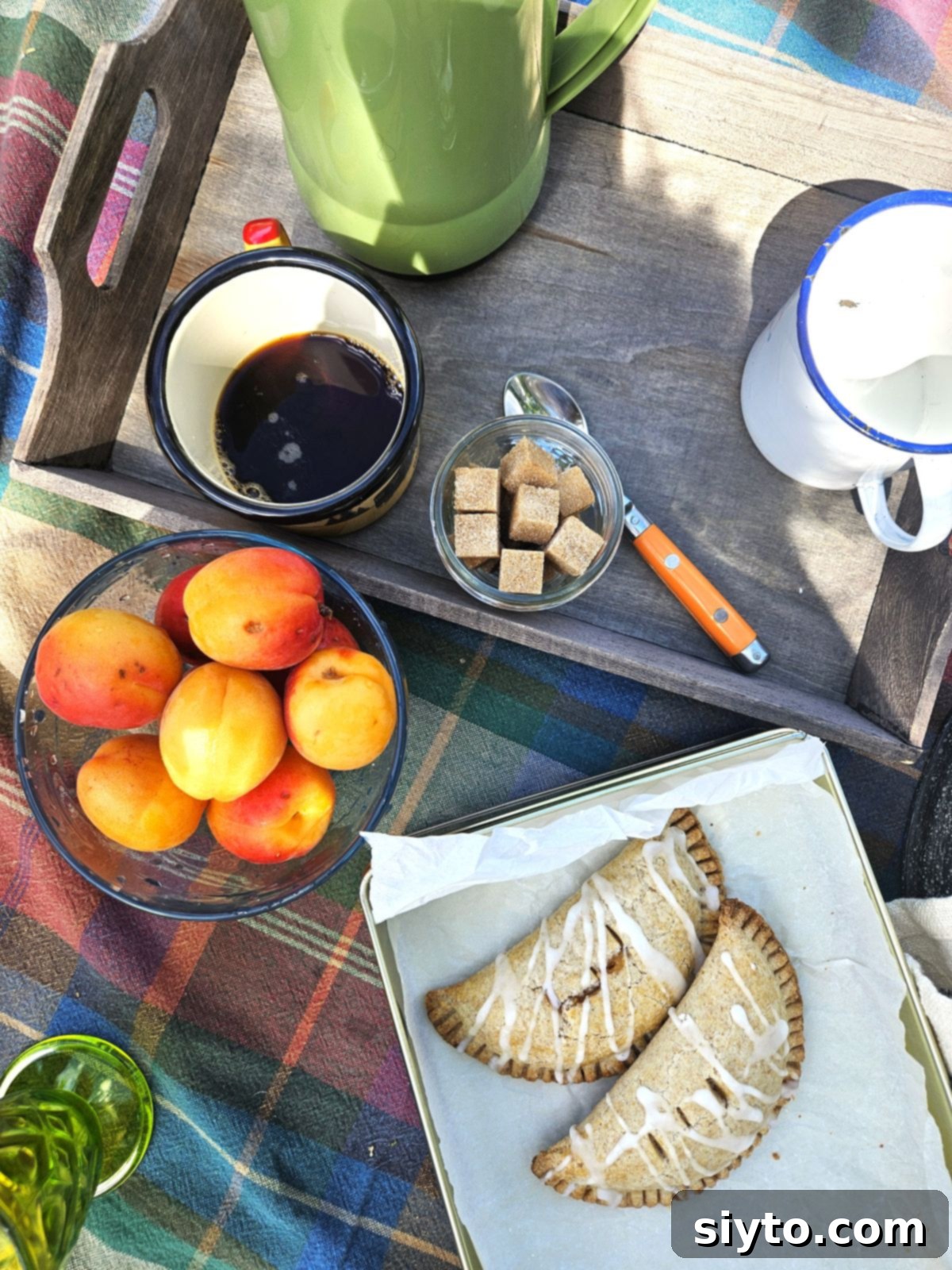 A delightful arrangement of golden peach hand pies, a bowl of juicy apricots, and a steaming tin mug of coffee, signaling a perfect sweet ending to the picnic.