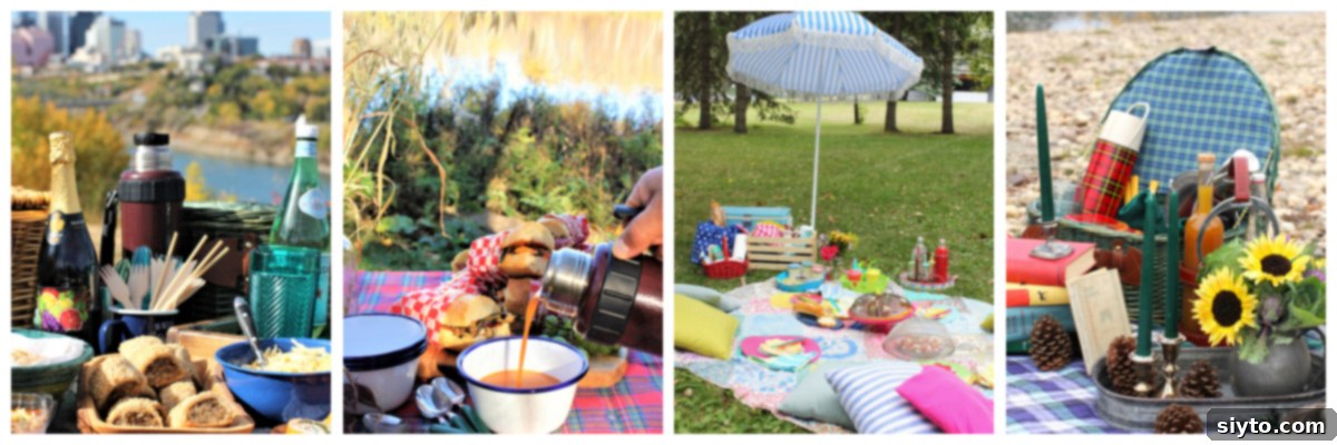 A four-photo collage featuring scenes from various themed picnics, showcasing different dishes, settings, and seasonal themes.