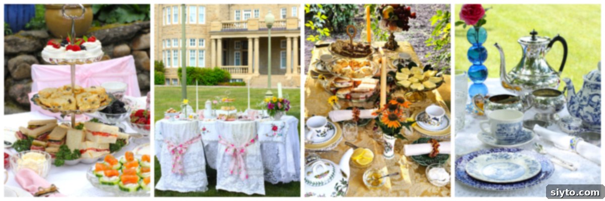 A four-photo collage displaying various afternoon tea picnic setups, each showcasing elegant desserts, sandwiches, and charming outdoor settings.