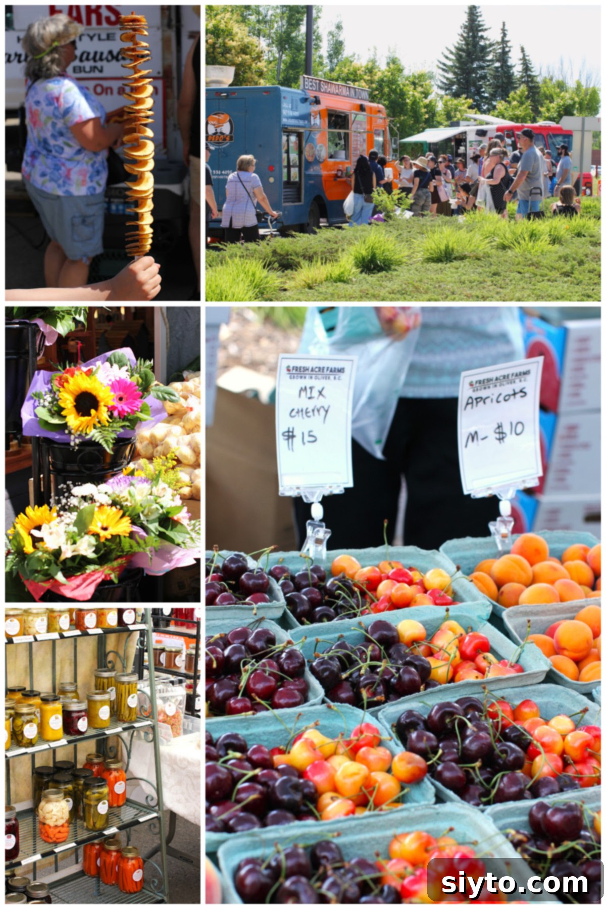 A captivating collage of scenes from the St. Albert Farmers' Market, featuring overflowing baskets of colorful fruits and berries, vibrant fresh flowers, rows of homemade canned goods, and popular food trucks.