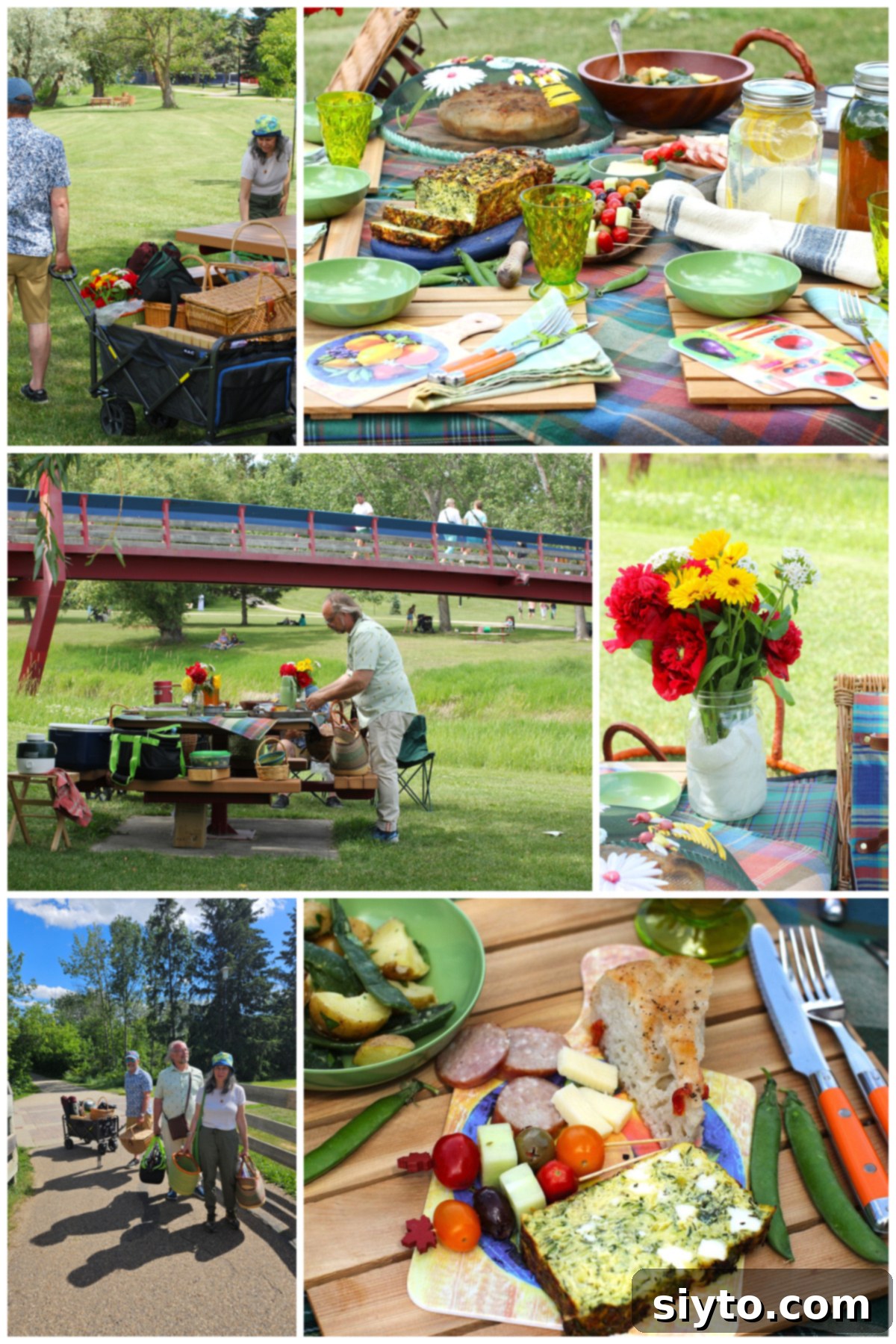 A detailed collage of photos showcasing the process of setting up a delightful picnic in the park, with the star, a Zucchini Frittata Loaf, visible in the bottom right corner of the spread.