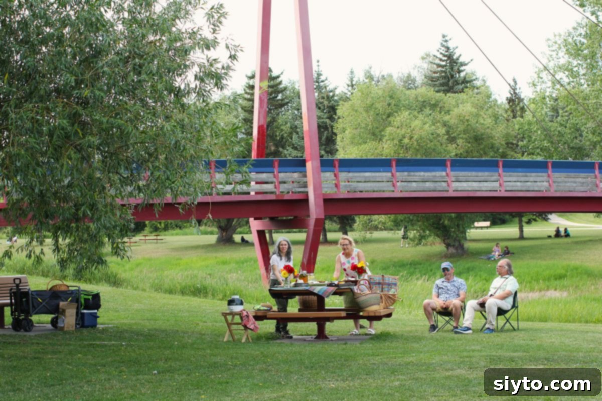 A charming picnic scene by a suspension bridge, with two men relaxing in lawn chairs while two women thoughtfully set up the picnic table, arranging food and decor.