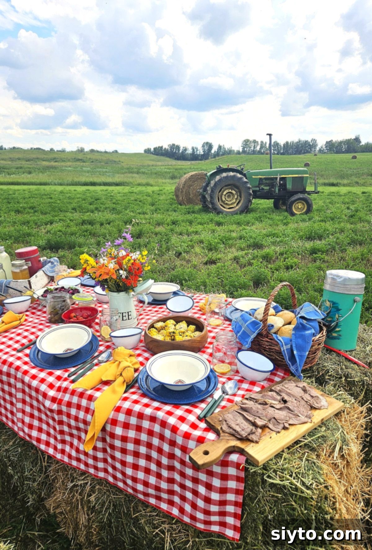 Sunshine and Lemonade Picnics 3 Hay bale table set with a red checkered cloth for the country picnic. Green tractor and round bales in the background, big billowy sky.