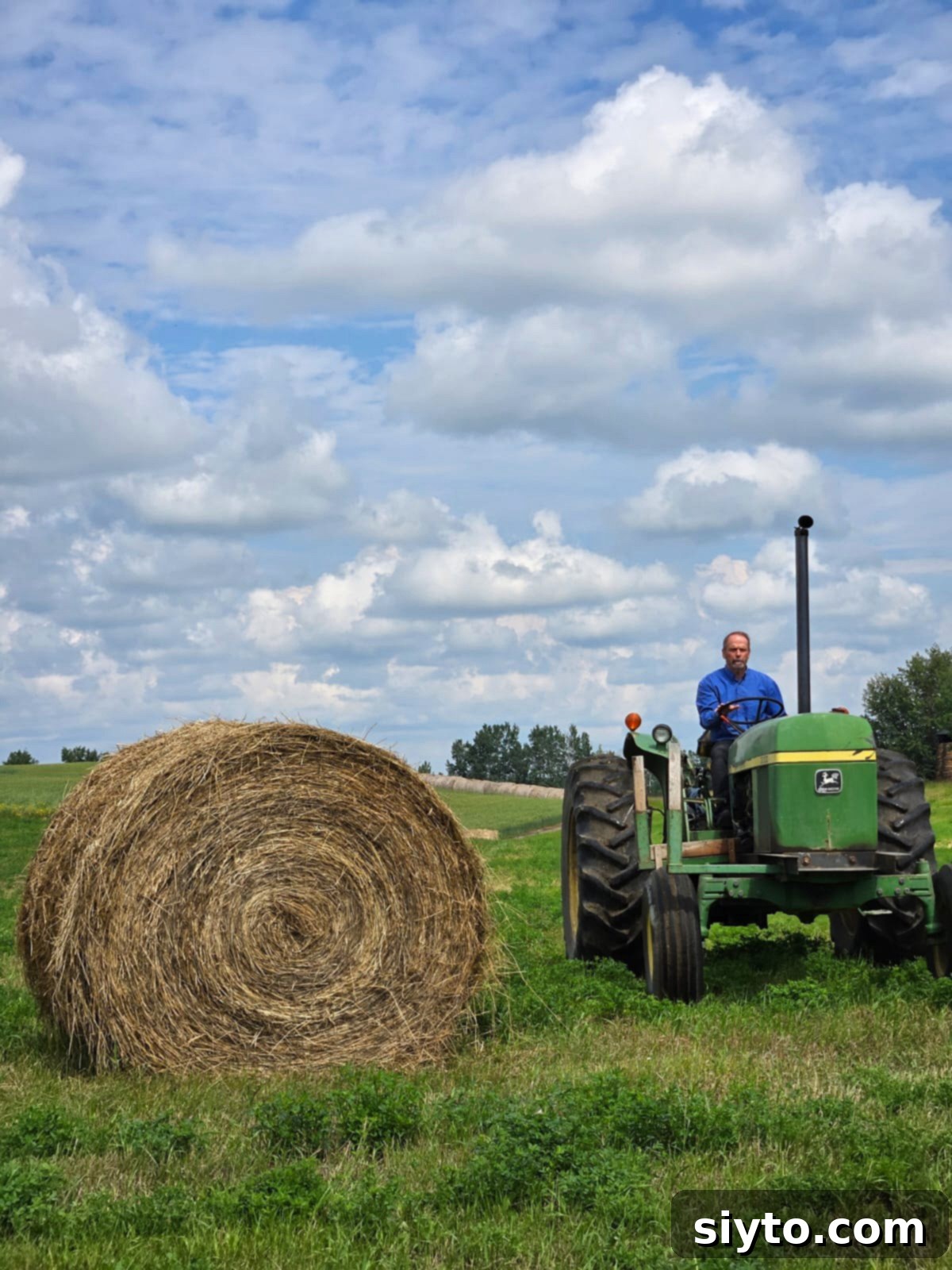 Sunshine and Lemonade Picnics 4 Raymond driving the old green tractor beside a big round bale of hay.