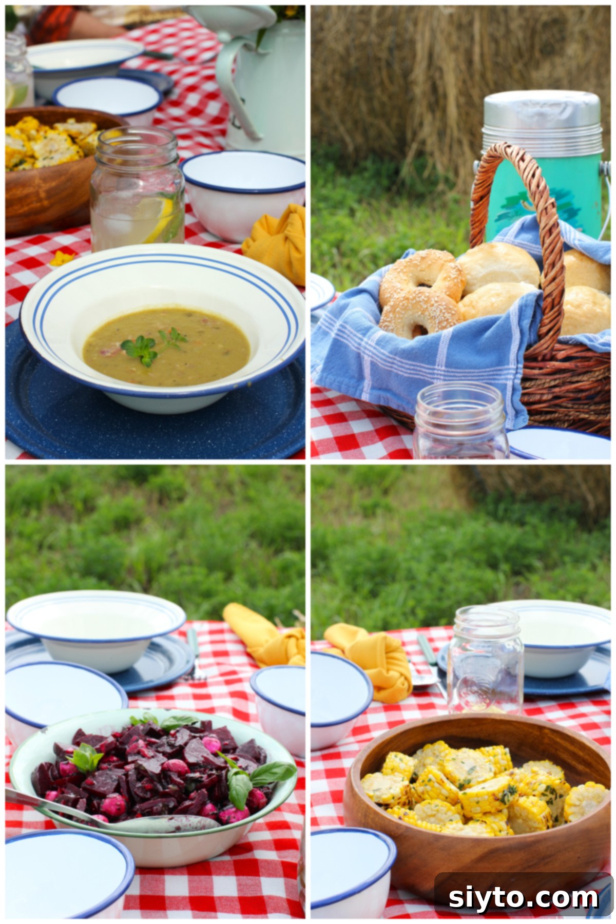 Sunshine and Lemonade Picnics 8 4 photo collage of the main dishes for the picnic. top left: pea soup, top right: buns and thermos. bottom left: beet salad. bottom right: corn pinwheels.