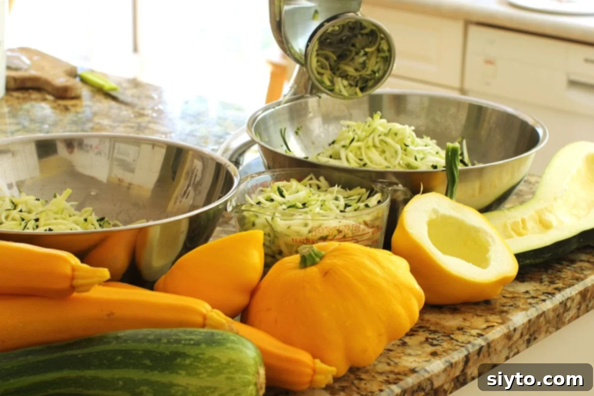 Velvety Zucchini Butter 5 Kitchen counter filled with bowls of shredded zucchini, the rotary shredder, and piles of fresh green and yellow zucchini ready to shred.