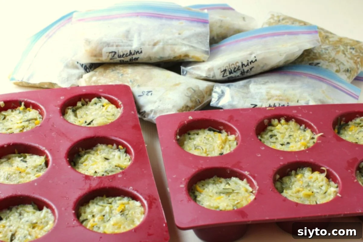Velvety Zucchini Butter 8 Two silicone muffin trays of zucchini butter ready for the freezer, bags of frozen zucchini butter behind.