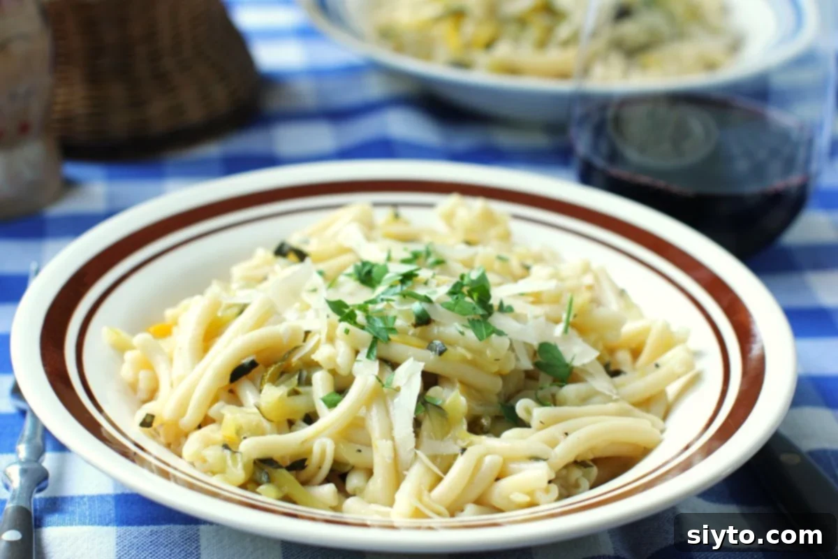 Velvety Zucchini Butter 9 A plate of pasta with zucchini butter, shredded parmesan, and parsley in a white plate with brown rim, on a blue-checked tablecloth.