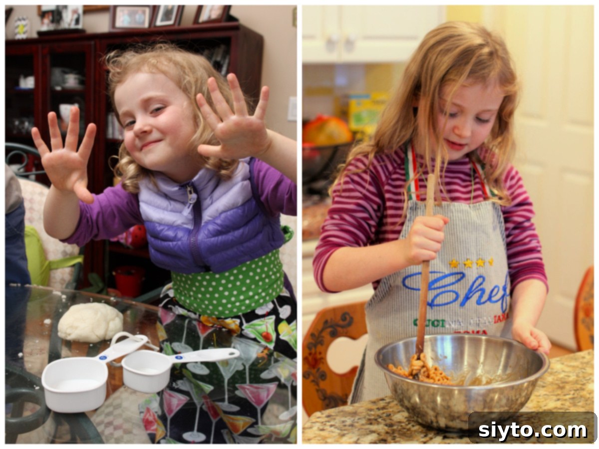 A two-photo collage showcasing Amelia's growth as a baker. The left image shows 4-year-old Amelia intently making play-dough, while the right image captures 7-year-old Amelia stirring a bowl of cereal bars.