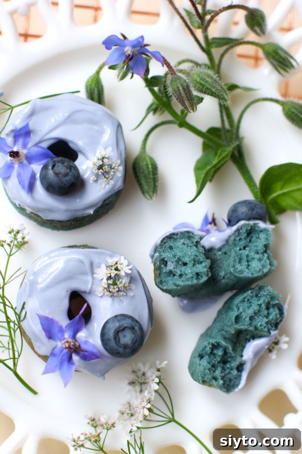 Two intricately decorated mini blue donuts rest on a pristine white plate, accompanied by delicate flower sprigs. One donut is broken open, revealing its striking blue interior, emphasizing the natural coloring.