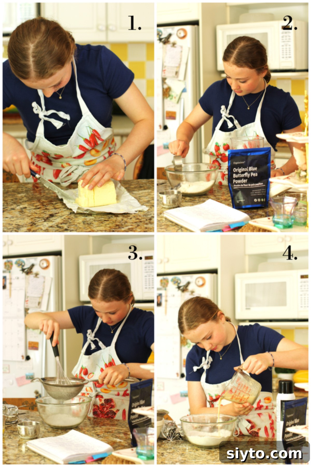 A four-photo collage illustrating the initial steps of making mini blue donuts. Image 1: Cutting the butter. Image 2: Adding flour and butterfly pea flower powder. Image 3: Whisking the dry ingredients. Image 4: Incorporating the wet ingredients into the dry mixture.