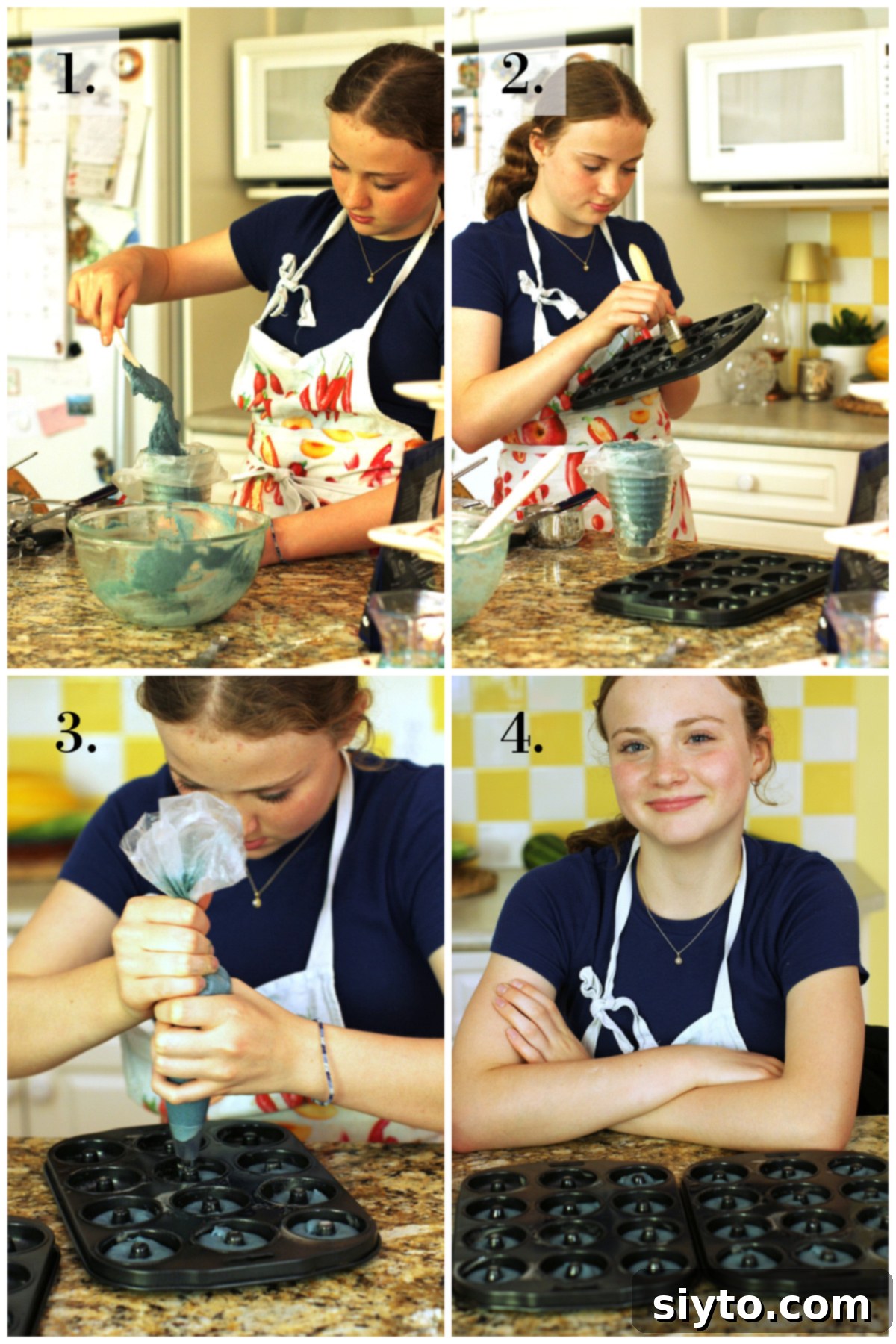 A four-photo collage detailing the process of piping blue donut batter. Image 1: Scraping batter into a piping bag. Image 2: Greasing donut pans with spray and brushing. Image 3: Carefully piping donuts into wells. Image 4: Pans filled, ready for the oven.