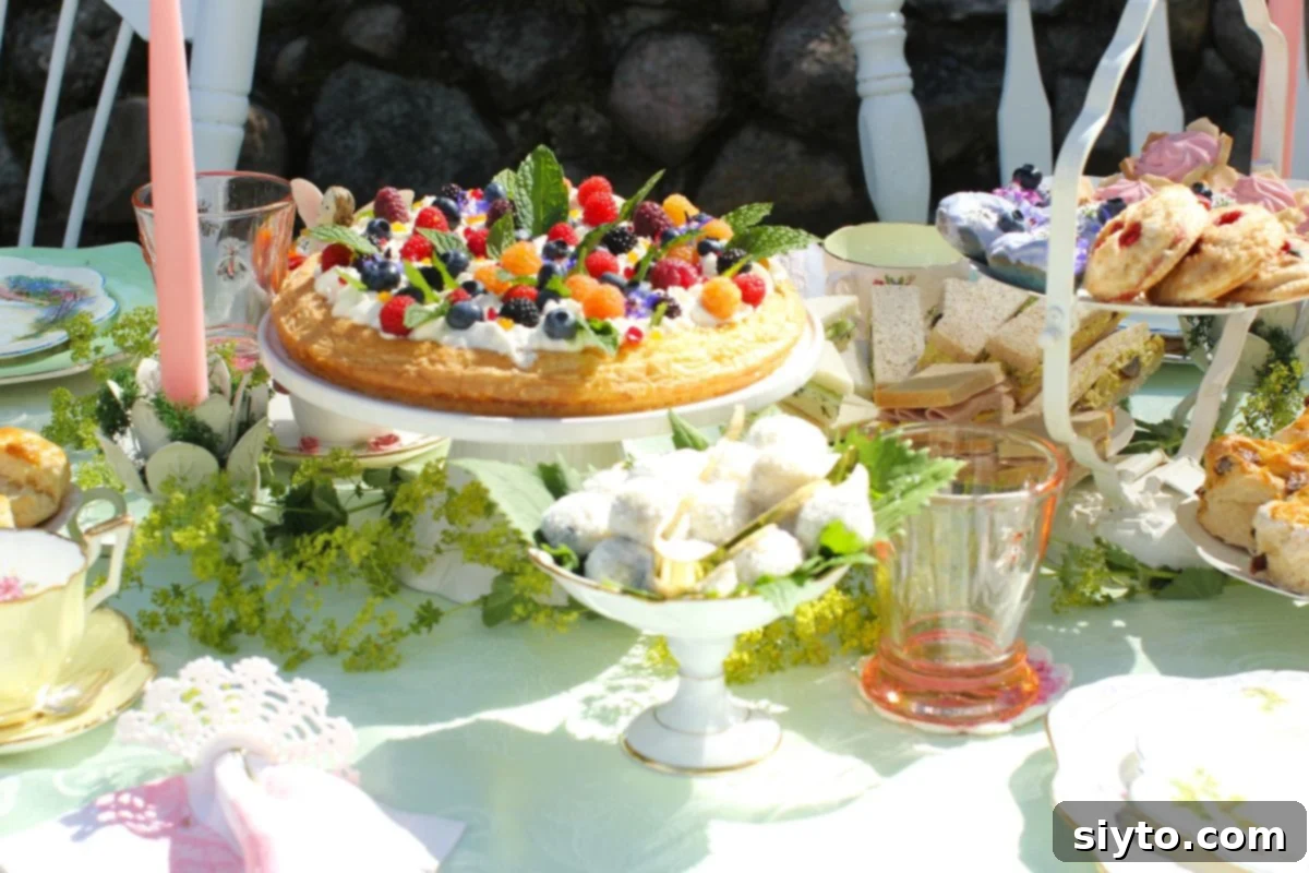 The Almond Cake is in the center of the table with dishes around it.