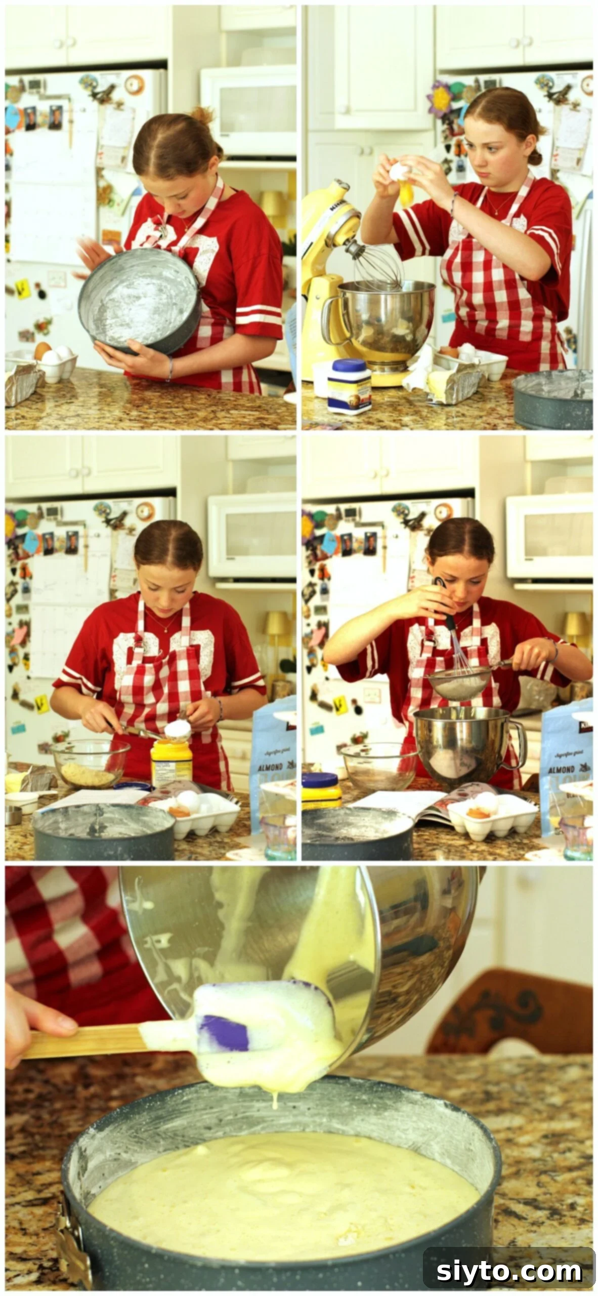Collage of photos of Amelia baking the almond cake