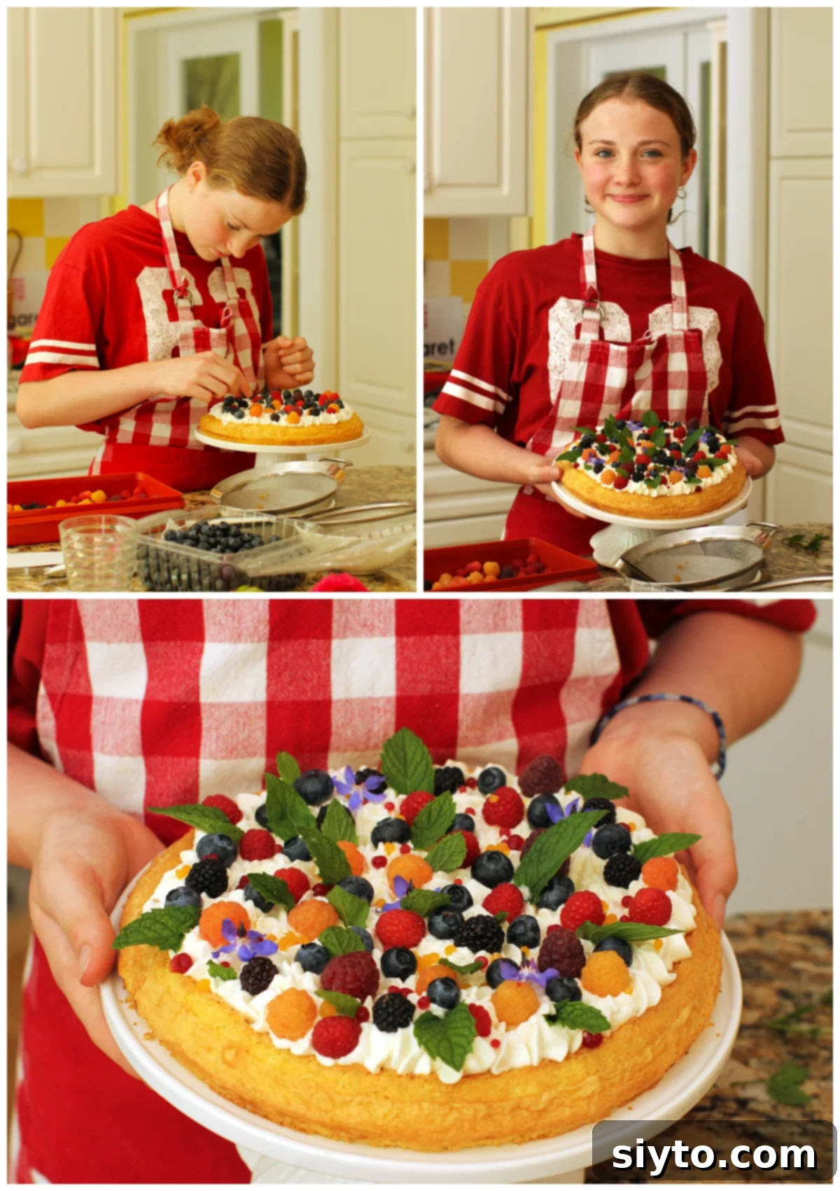 3 photo collage of Amelia decorating the fruit and flower almond cake.