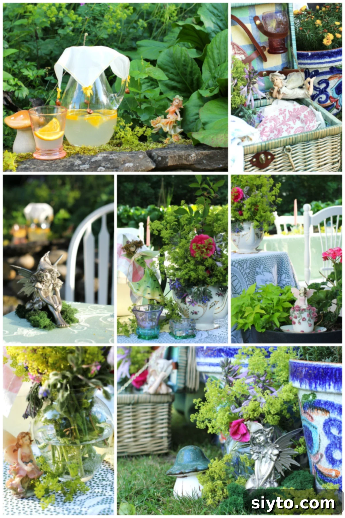 Collage of assorted fairies tucked in to spots around our afternoon tea table.